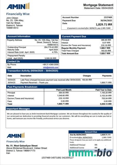 Iran Bank Amin Investment wyciąg z kredytu hipotecznego szablon Word i PDF